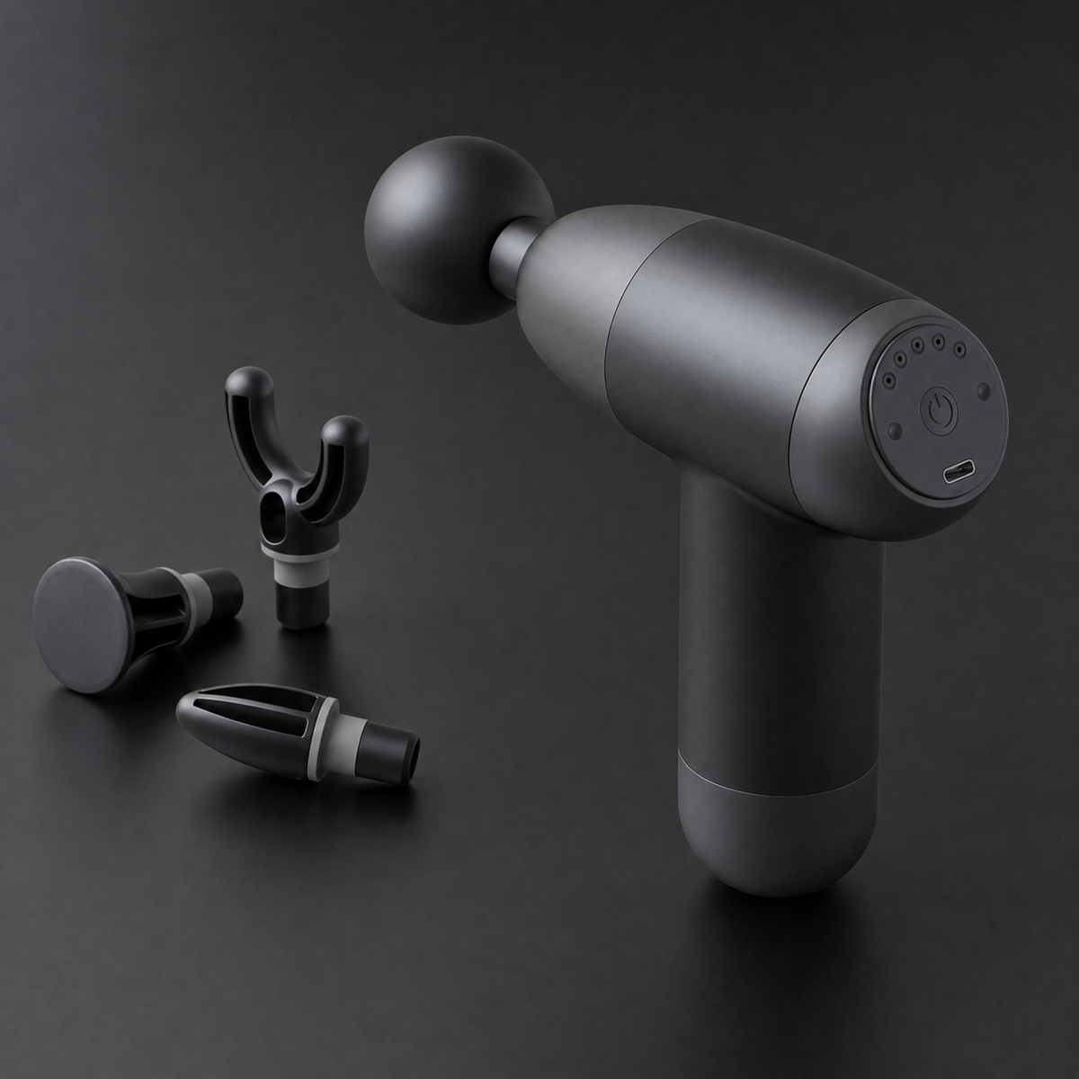 Gros plan du MyoPulse Mini et de ses trois embouts de massage interchangeables