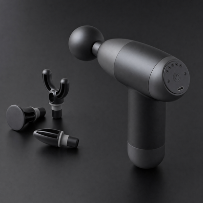 Gros plan du MyoPulse Mini et de ses trois embouts de massage interchangeables