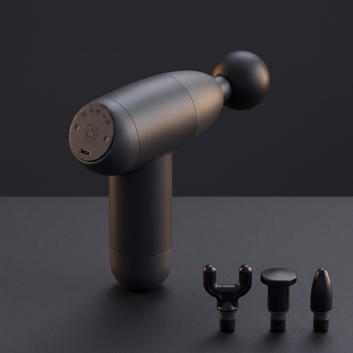 MyoPulse Mini, pistolet de massage percussion noir, posé avec ses 3 embouts interchangeables