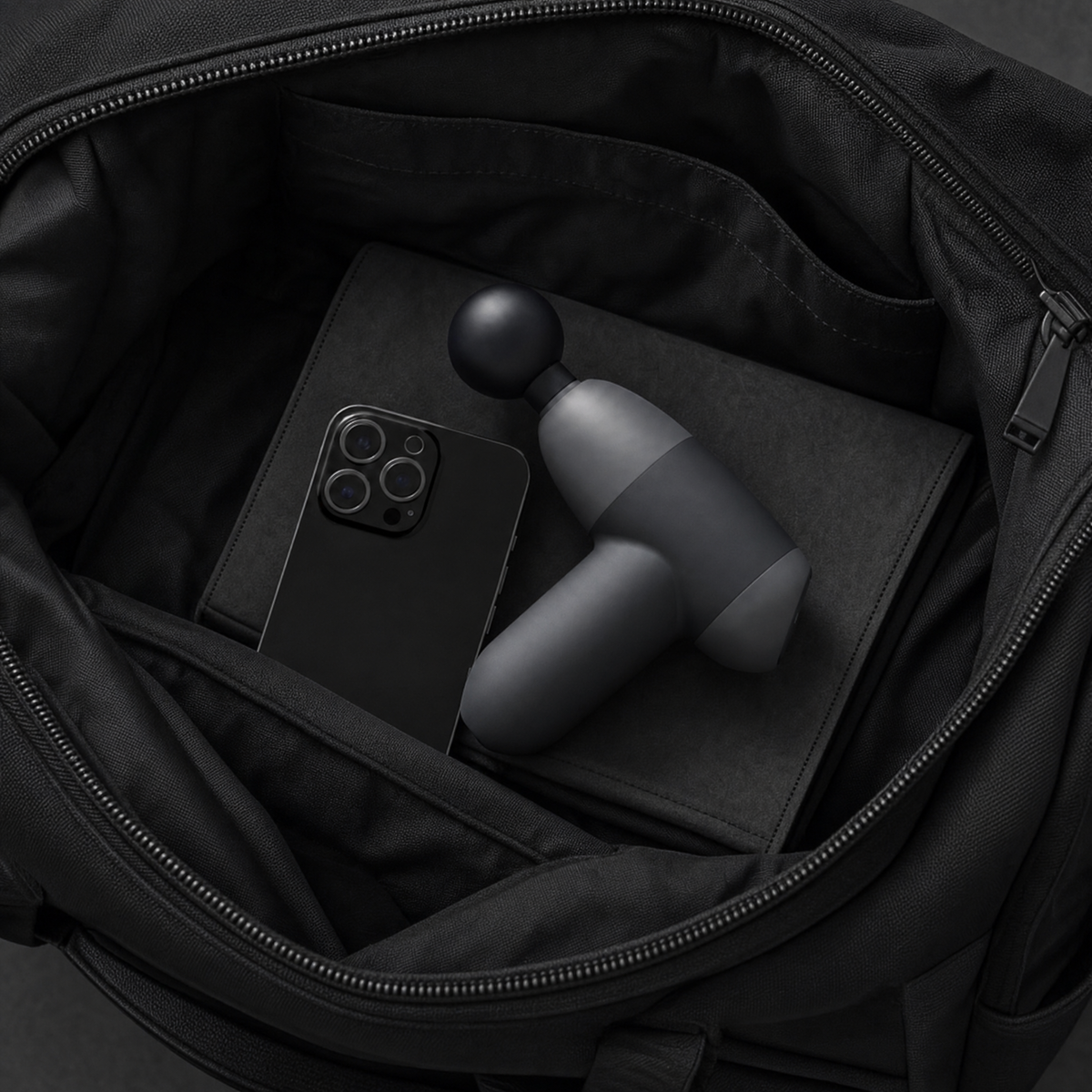 MyoPulse Mini vu de trois quarts avec ses embouts de massage disposés à côté