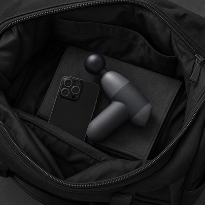 MyoPulse Mini vu de trois quarts avec ses embouts de massage disposés à côté